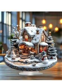 Decor de birou acrilic 2D multifuncțional, stil boho, casă de Crăciun - casă de zăpadă cu om de zăpadă și copac - cadou ideal de sărbători pentru acasă și la birou