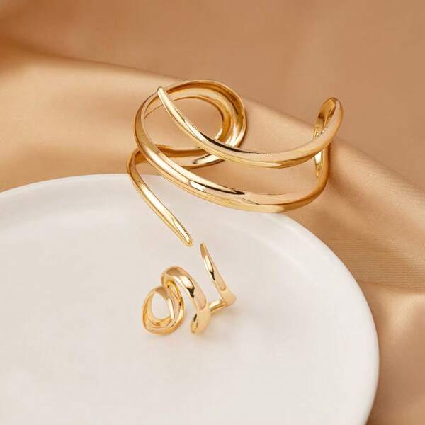 2pcs Fashionable & Elegant Personalized Gold Metal Line Women Bracelet & Ring Jewelry Set, Suitable For Daily, Banquet, Party, Gift