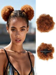 2pcs 4inch Hairpin Style Hair Buns,Afro Puffs Kinky Curly Chignon ,Natural Black Synthetic Wigs Suitable For Daily Wear