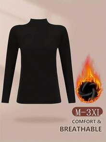 Warm Half-High Neck Long Sleeve Base Layer For Women | Soft Thermal Undershirt Slim Fit | Winter Essential Inner Top For Sweater/Coat Layering - 黑色 - 查看 3