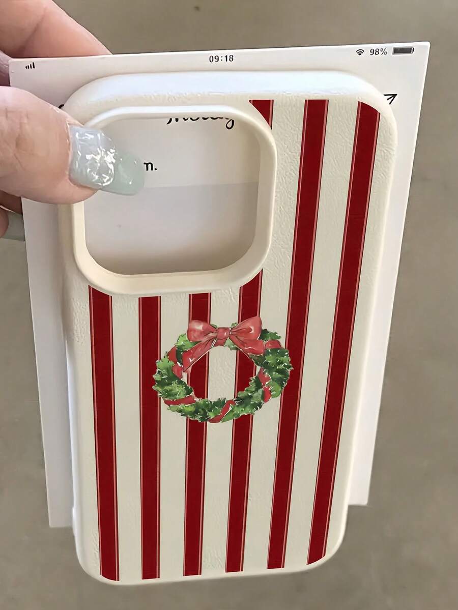 1pc White Striped Christmas Pattern Full Coverage TPU Shockproof Phone Case, Compatible With IPhone 16, 15, 14, 13, 12, 11 Pro Max And Series,International Version, Not The Domestic Version