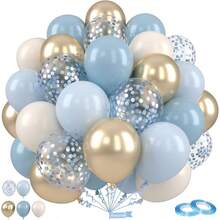 Dusty Blue And Gold Balloons, 12 Inch Blue Gold Balloons, Retro Fog Blue Metallic Golden White Confetti Balloons Latex Balloon Wedding Shower Gender Reveal Birthday Party Decoration - 灰藍金+50件 - 查看 1