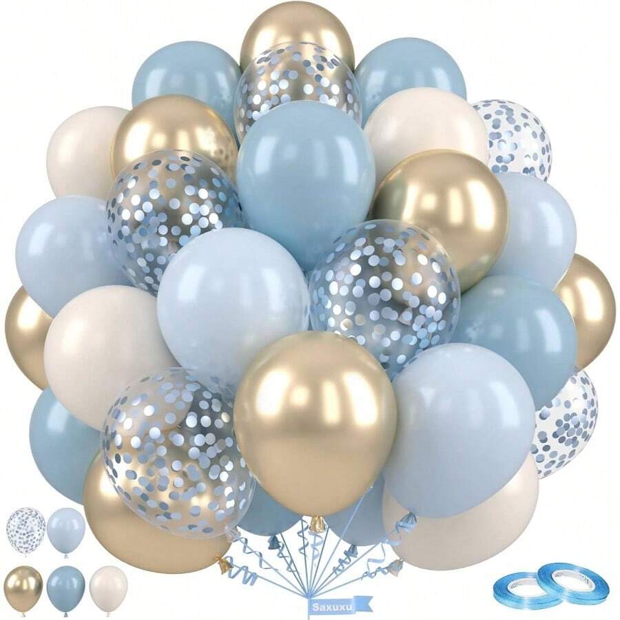 Dusty Blue And Gold Balloons, 12 Inch Blue Gold Balloons, Retro Fog Blue Metallic Golden White Confetti Balloons Latex Balloon Wedding Shower Gender Reveal Birthday Party Decoration - 灰藍金+50件 - 查看 1