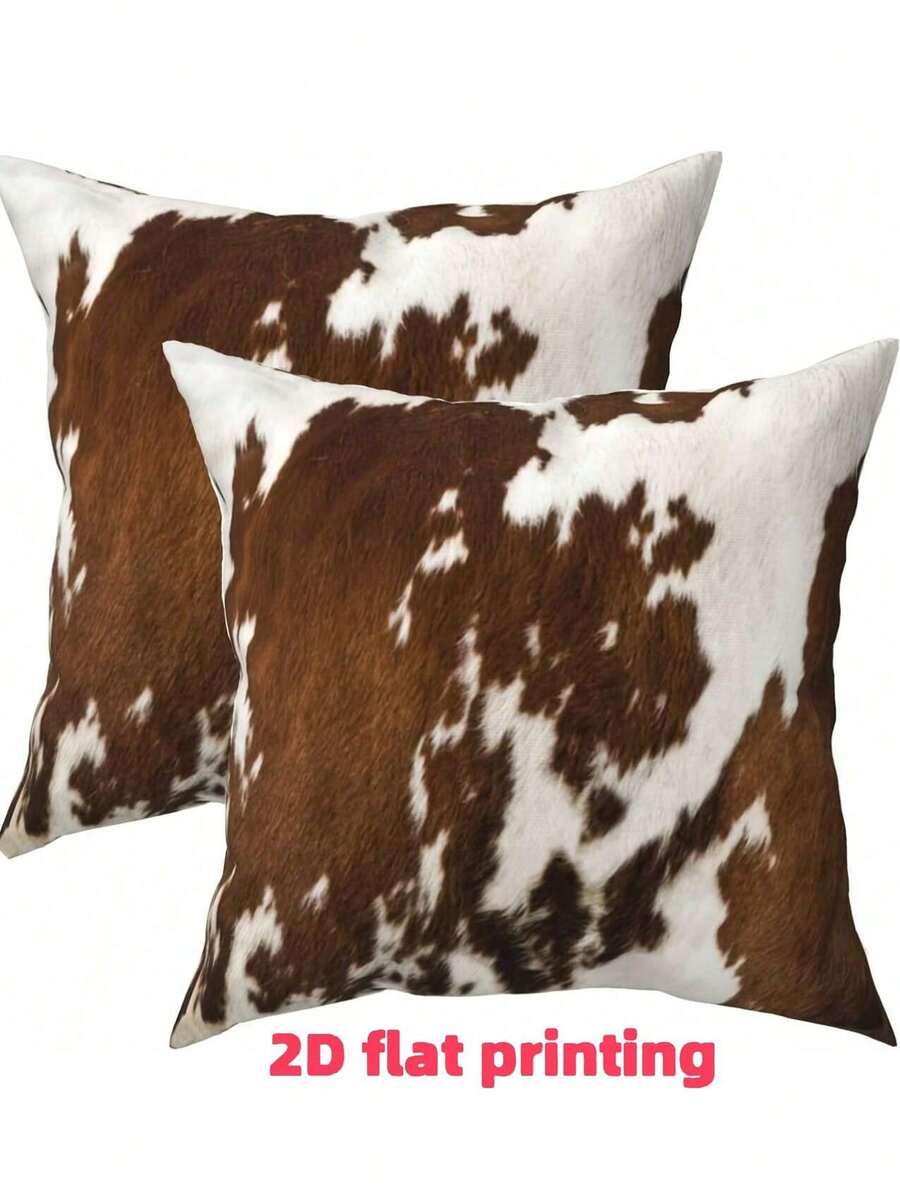 1pc/2pcs Peach Skin 45.72x45.72cm Cow Print Pillow Case, 2D Printed, Non-Fleece - Western Style, Zipper Closure, Hand Wash Only, Suitable For Home, Office, Bedroom, Living Room, Sofa Decoration - Brown - View 1