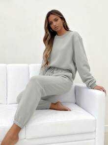 Women's Autumn And Winter Simple Solid Color Loose Pullover Sweatshirt + Solid Color Elastic Waist Cuff Trousers Casual Fashion Temperament Commuting Versatile Two-Piece Suit, Personalized Niche Design, Casual And Comfortable - Xám - Xem 4
