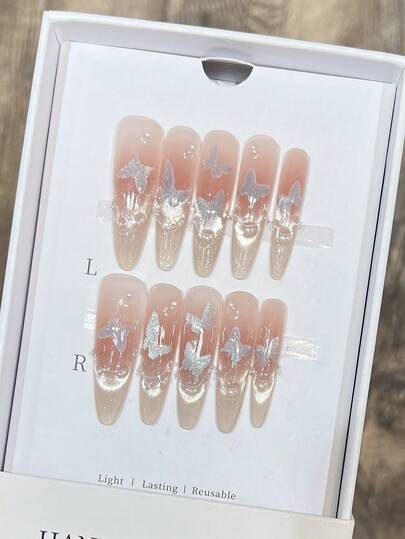 10 Pieces Pure Hand-Made Wearable Nails; Long Oval Nail Shape, Handmade Pink Butterfly Cat Eye French Nails; Press On Nail