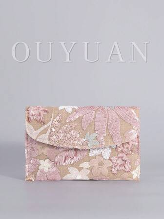 Sequin Embroidered Floral Envelope Clutch, Women's Fashion Sequin Patchwork Handbag, Party Evening Bag, Random Cut, Suitable For Women, Suitable For Party, Wedding, Prom, Perfectly Matches Holiday Party Dresses, Evening Gowns And Sequin Dresses, Matches Prom Accessories, Party Clutch, Shiny Sequin Bag, Elegant Women's Fashion Clutch