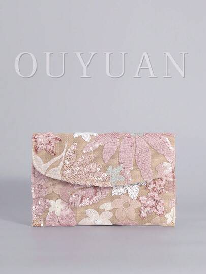 Sequin Embroidered Floral Envelope Clutch, Women's Fashion Sequin Patchwork Handbag, Party Evening Bag, Random Cut, Suitable For Women, Suitable For Party, Wedding, Prom, Perfectly Matches Holiday Party Dresses, Evening Gowns And Sequin Dresses, Matches Prom Accessories, Party Clutch, Shiny Sequin Bag, Elegant Women's Fashion Clutch , Sequin