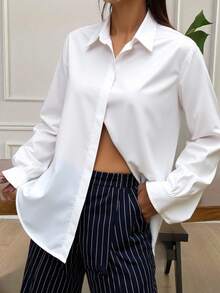 Livesso Solid Hidden Button Front Shirt,Ladies Casual Button Long Sleeve Collar Regular Fit Regular White Regular Sleeve Shirt Women Blouses,Spring/Fall ,Professional/Business Attire/Workwear,Long Sleeve Tops,Back To School Clothes - White - View 5