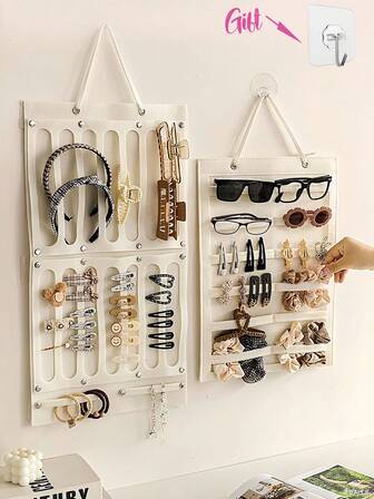 Pink/White Felt Hanging Glasses/Hair Accessories Storage Bag, Hair Clip Organizer, Multifunctional Storage Bag, Room Decor, Bags, Makeup Bag, Vanity, Travel, Makeup Bag, Travel Essentials, Organizer, Storage,Gifts For Women,Christmas Gifts,Gift Ideas For Women