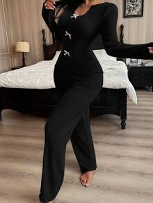 2pcs Women Ribbed Bowknot V-Neck Long Sleeve Top And Flare Pants Brushed Loungewear Clothes Set, Casual Sleepwear Suitable For Autumn/Winter - Black - View 5