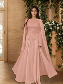 1 件纯色优雅宫廷风格垂坠披肩袖系带腰部设计长裙，适合婚宴，四季皆宜 - 粉色 - 查看 3