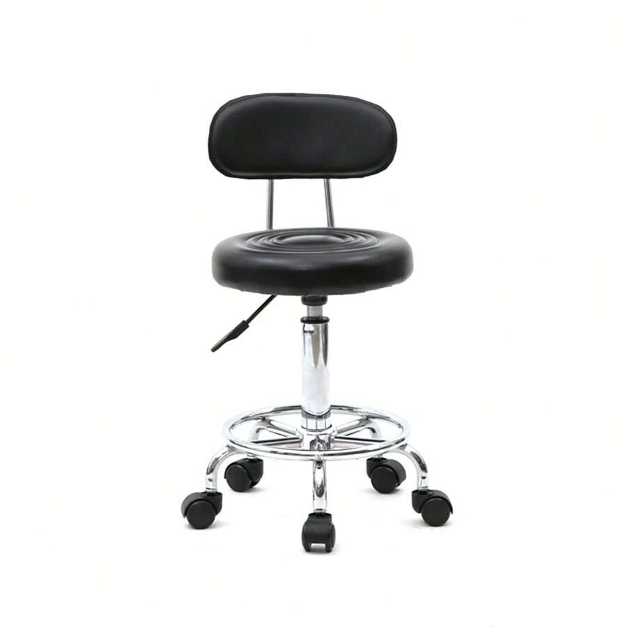 Black Round Adjustable Salon Stool With Back & Line Design – Comfortable & Sturdy – Ideal For Salons, Spas, Barber Shops, Home Studios – Easy Height Adjustment For Convenience - 黑色 - 查看 1