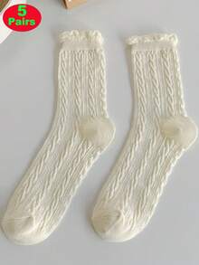 5 Pairs Women's Solid Color Braided Fashion Casual Versatile Mid-Calf Lace Socks, Fall Socks