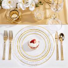 50/25/12pcs Heavy-Duty Transparent Dining Plates - Elegant Gold Border Design, Stackable And Space Saving, Durable Plastic Plates Suitable For Weddings, Birthday Parties, Christmas, Outdoor Banquets, And Daily Dining - Versatile For Both Formal And Informal Occasions - trong suốt - Xem 2