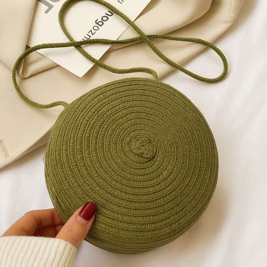 Women's Round Straw Bag Crossbody Beach Fashion Summer Vacation Minimalist Adjustable Crossbody Shoulder Strap Handmade Medium Zipper - xanh quân đội - Xem 1