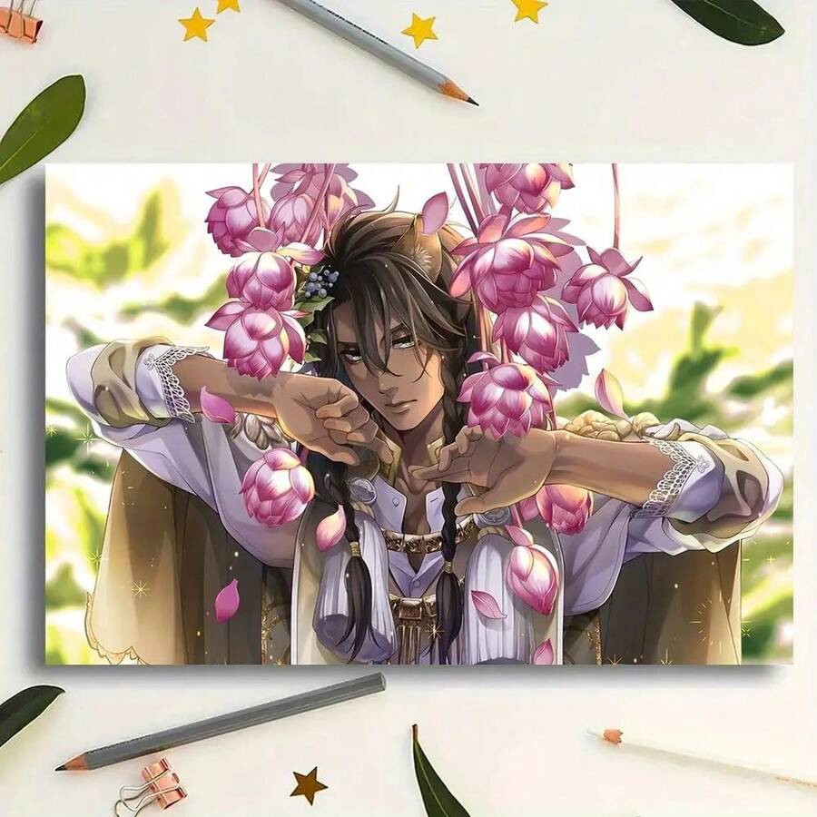 [2D Flat] 1pc Frameless Leona Kingscholar - Twisted Wonderland Anime Canvas Poster, 12x18inch, Vibrant Pink & Purple Floral Design, Ideal Gift For Animation Lovers, Perfect Wall Decor For Home & - 彩色 - 查看 1