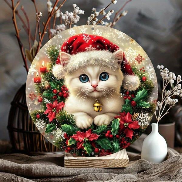 1 pezzo Cartello rotondo in alluminio a tema vacanze, design a gatto, opera d'arte in metallo vintage, stile classico, multiuso per interni/esterni, pre-forato per appendere facilmente, resistente alle intemperie e ai raggi UV, ideale per decorazione di casa, ufficio e feste, pronto come regalo per Ognissanti e Natale - 8 pollici.