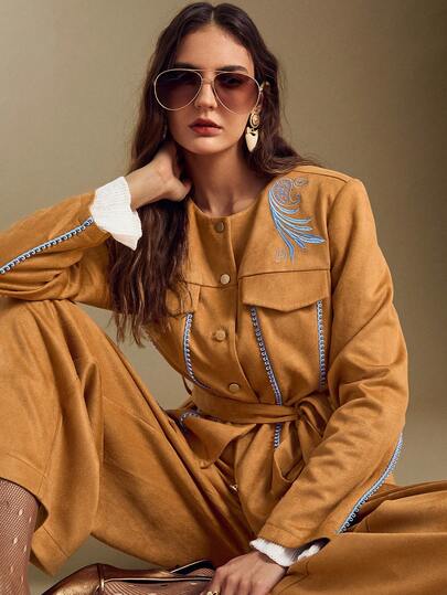 Sollinarry Completo da donna in 2 pezzi, giacca con maniche lunghe e pantaloni, in finta pelle scamosciata, con ricami e patch, abbottonatura frontale, adatto per lavoro, shopping, occasioni formali