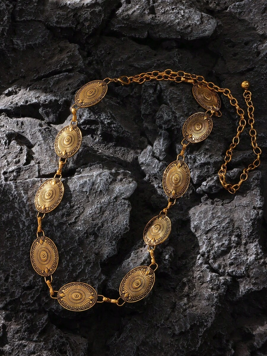 1pc Women's Bohemian Style Turquoise Carved Elegant Metal Waist Chain