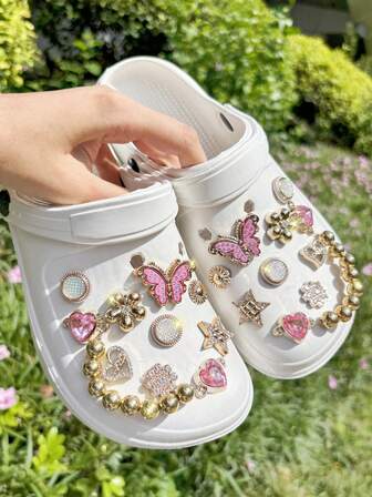 18pcs Shiny Gold Beaded Chain, Gold Tone Series Shoe Decorations, Removable Accessories Suitable For Shoes With Holes Such As Platform Sandals, Slides, Garden Shoes, Beach Shoes, DIY Shoe Clips