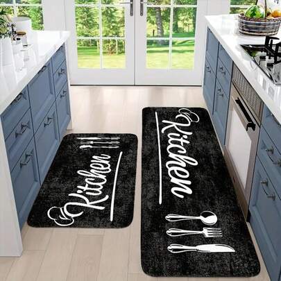 1/2/3 piezas, Juego de alfombras de cocina modernas negras, Alfombra de cocina, Material de franela - Suave y cómoda, Adecuada para dormitorio, sala de estar, comedor, cocina, alfombra de entrada al baño