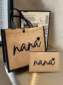 1 Set Heart Nana Pattern Handbag, Lightweight Cosmetic Bag, Travel Coin Purse, Handbag & Makeup Bag Set, Letter Design Shopping Bag In Holiday Style, Suitable For Wedding, Birthday, Beach And Vacation, Best Gift For Family And Friends. This Large Pack Is Suitable For Students And Back To School. - Multicolor - View 7