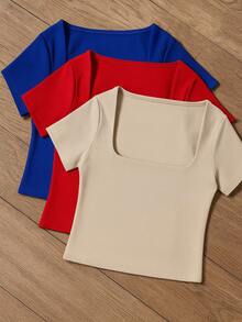 Square Suplex Cropped Top With Casual Lining For Women, Kit With 3 - 比克藍/紅/沙色 - 查看 1