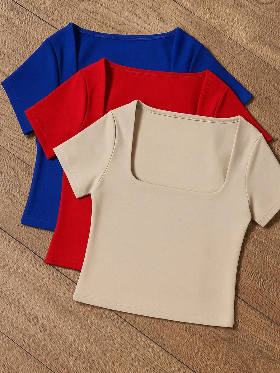 Square Suplex Cropped Top With Casual Lining For Women, Kit With 3 - 比克藍/紅/沙色 - 查看 1