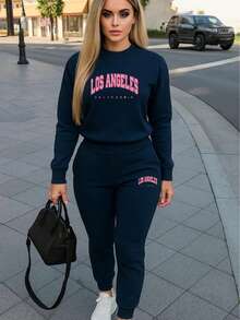 Conjunto de pants  Sudadera y pantalón  Felpa suave  Cuello redondo Estilo cómodo  Conjunto deportivo - Azul Marino - Ver 1