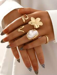 20/15/6 piezas Juego de anillos apilables de estilo minimalista bohemio vintage en color dorado, incluye diseños de flor, lazo, perla asimétrica, giro, corazón, rhinestone, luna, estrella, geométrico, ojo de gato, adecuado para mujeres, vacaciones, fiestas, citas, uso diario, regalo (surtido aleatorio)