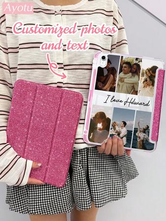 Ayotu כיסוי טאבלט בהתאמה אישית עם 6 תמונות וטקסט, מעטפת אקרילית עמידה בפני שריטות, מצב שינה/התעוררות אוטומטי מגנטי, מעמד מובנה ומחזיק עט, תואם לאייפד מיני 6/7, אייפד 7/8/9 10.2 אינץ', אייר 4/5 10.9 אינץ', אייפד פרו 11 אינץ', עיצוב דק במיוחד וקל משקל, מתנה מושלמת לחברים, חברות וכו', אידיאלי לחג המולד, ימי הולדת