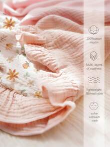 1pc Soft Cotton Floral Baby Blanket With Ruffled Edges, Cozy Infant Crib Quilt - Pink - View 6
