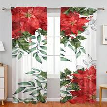 2 perdele transparente de Crăciun cu modele de plante cu ilex și poinsettia, buzunare pentru bară pentru a proteja intimitatea, potrivite pentru diverse scene de decor în camere de zi, dormitoare și bucătării, creând o atmosferă de Crăciun și cadouri perfecte de sărbători.