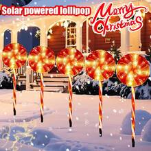 1 Set de 5 piezas de luces solares de camino con forma de piruleta rojas y blancas, con 8 modos de iluminación, luces decorativas de ambiente para Navidad, con interruptor de botón, adecuadas para exteriores, jardín, centro comercial, autocaravana, camping, boda, césped, fiesta en el patio trasero, jardín, vacaciones, decoración navideña