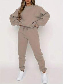 Women's Autumn And Winter Simple Solid Color Loose Pullover Sweatshirt + Solid Color Elastic Waist Cuff Trousers Casual Fashion Temperament Commuting Versatile Two-Piece Suit, Personalized Niche Design, Casual And Comfortable - 米色 - 查看 5