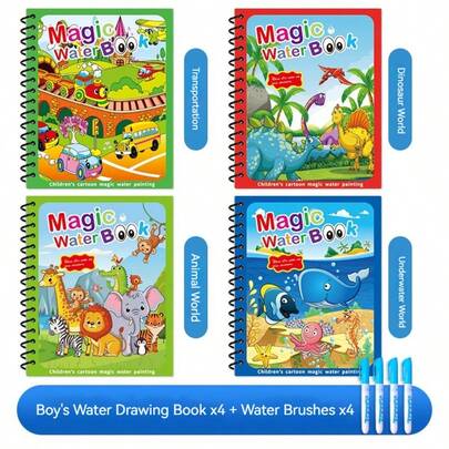 4 pezzi Libri di pittura ad acquerello interessanti, libri di pittura ad acqua magici con vari motivi a cartoni animati, libri da colorare alla moda, utili per migliorare l'immaginazione e coltivare l'interesse degli studenti nel fai-da-te, regalo di cancelleria per amici, 1 penna a colore casuale, cancelleria per piccoli artisti