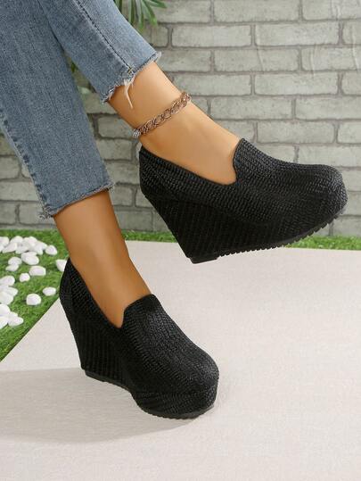 10cm Keilabsatz Elegante schwarze bequeme vielseitige Slip-On Ballerinas, geeignet für den Alltag, Urlaub, Pendeln, Party, Valentinstag Date