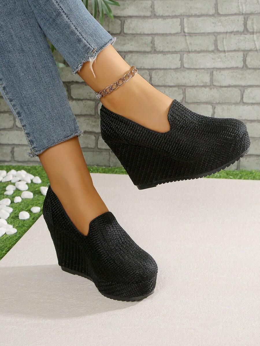 10cm Wedge Heel Elegant Black Comfortable Versatile Slip-On Flats, Suitable For Daily, Vacation, Commute, Party, Valentine's Day Date