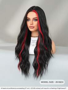 7JHH WIGS 26 Inch Black Red Long Wave Curly Wigs For Women Natural Synthetic Middle Part Wig With Dark Roots,Heat Resistant Fiber Full Machine Hair Wigs For Daily Music Festival Party Wear, Cosplay Halloween & Street Photography Use