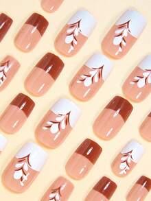 Mejora tu apariencia con 24 piezas de uñas postizas cuadradas cortas con estilo retro-chic en color marrón, puntas francesas blancas y marrones con contraste de estampado de hojas, kit de uñas postizas de cobertura total para mujeres y niñas que incluye 1 hoja de pegatinas adhesivas y 1 tira de gel de gelatina al azar