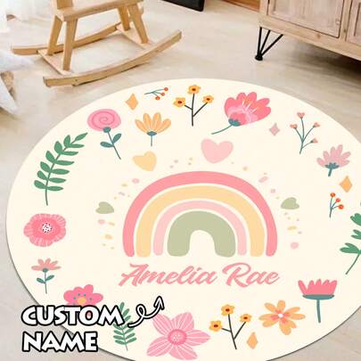 1 pieza Alfombra redonda personalizada con diseño de flor arcoíris - Se puede imprimir su nombre, material de lana sintética, diseño único y de moda, perfecto para decoración del hogar, sala de estar, dormitorio, habitación de niños, sofá cama