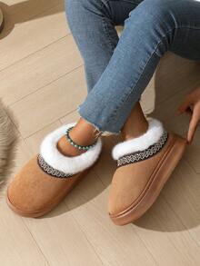 冬季时尚欧美复古仿毛内衬保暖雪地靴，厚底，蓬松袖口，轻便，防滑，室内/室外拖鞋 - 咖啡棕 - 查看 6