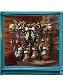 1张圣诞窗贴；圣诞袜铃铛静电贴纸；商场及家居橱窗装饰；玻璃圣诞贴纸；家居装饰圣诞装饰房间装饰圣诞装饰家居