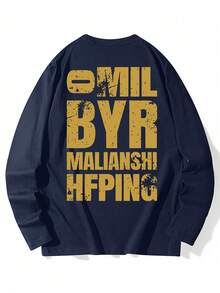 女式宽松休闲卡通字母印花长袖棉质T恤，春秋季 - 藏蓝色 - 查看 5