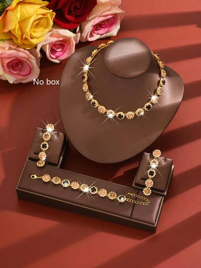 Set de bijuterii de mireasă de lux cu 4 bucăți, colier, cercei, brățară, accesorii de nuntă, culoare aleatorie