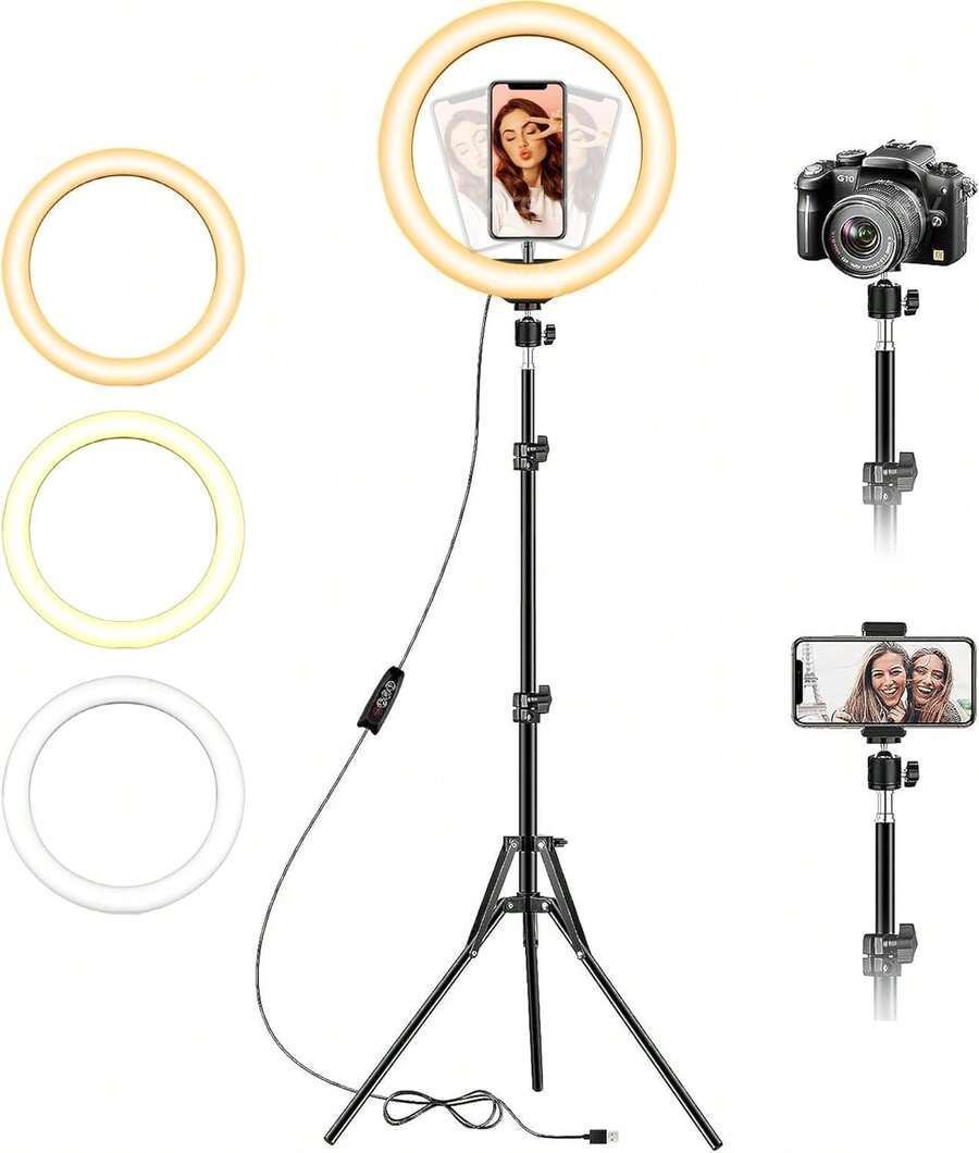Aro Luz LED 10 Pulgadas Tripie 1m a 2m Celular Cámara Iluminación Profesional 3 Modos 10 Niveles Brillo - Tricolor - Ver 1