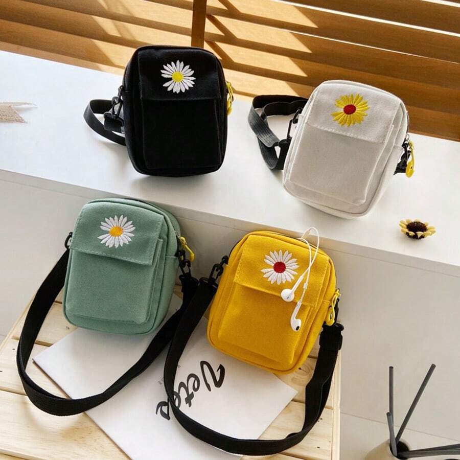 Women's Daisy One Shoulder Bag, Canvas Crossbody Bag, Minimalist Chic Phone Pouch, Solid Color Casual Handbag, Outdoor Zipper Messenger Bag