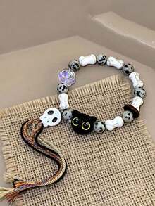 2 piezas Pulsera de mujer de cerámica con diseño único de gato esqueleto, pulsera de pareja con cuentas de borla de color dulce, adecuada como regalo para otros