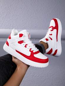 1 par de zapatillas de skateboard de caña alta para hombres, blanco y rojo, cómodas zapatillas casuales con cordones y suela de EVA, adecuadas para uso diario, ir y venir, ocio, fitness, reuniones y talla grande, otoño